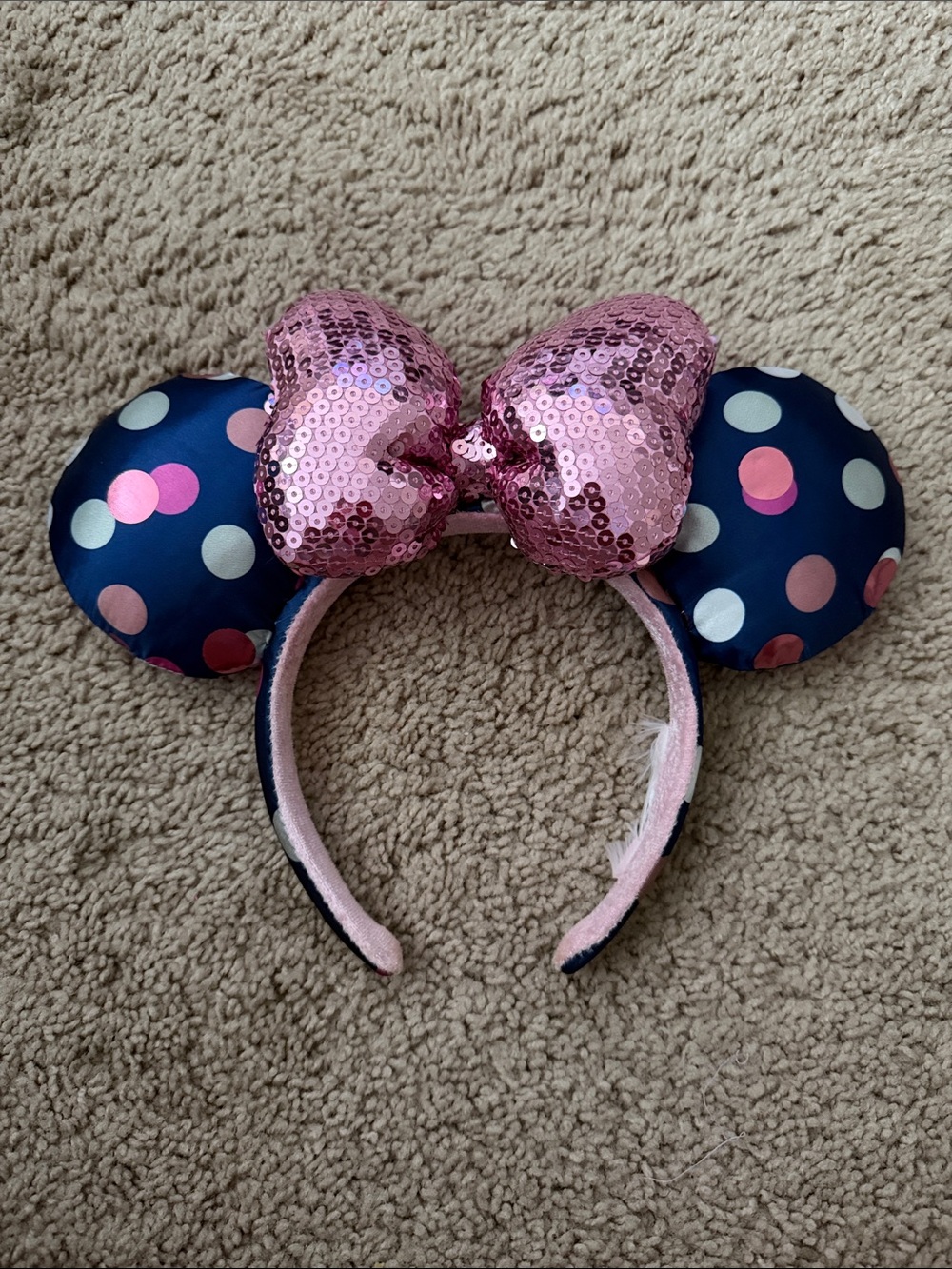 Disney Parks Pink Sequin Bow Navy Polka Dot Minnie Mouse Ear Headband
